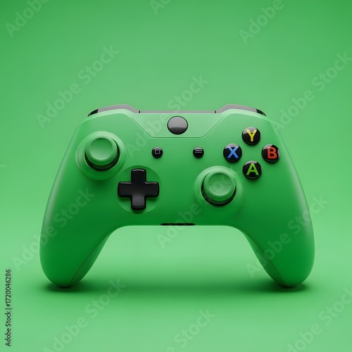 Vibrant green video game controller on a matching green background