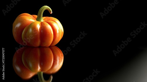 Vibrant orange pumpkin with curved green stem and glowing reflection on glossy black surface symbolizing autumn harvest, halloween, and seasonal freshness