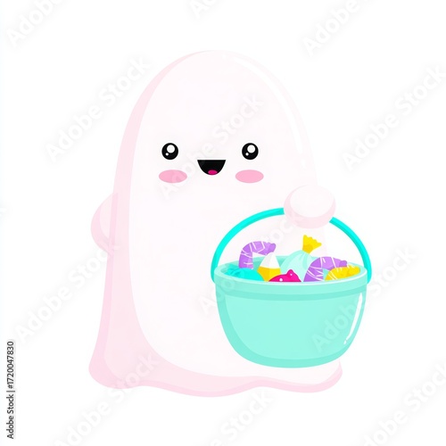 Cute cartoon ghost holding bucket of colorful candy for halloween celebration, adorable spooky character with happy face, festive illustration on white background