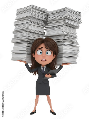 Cartoon Woman in Business Suit Balancing Two Large Stacks of Papers on Her Arms graphic design transparent background isolated on a transparent background