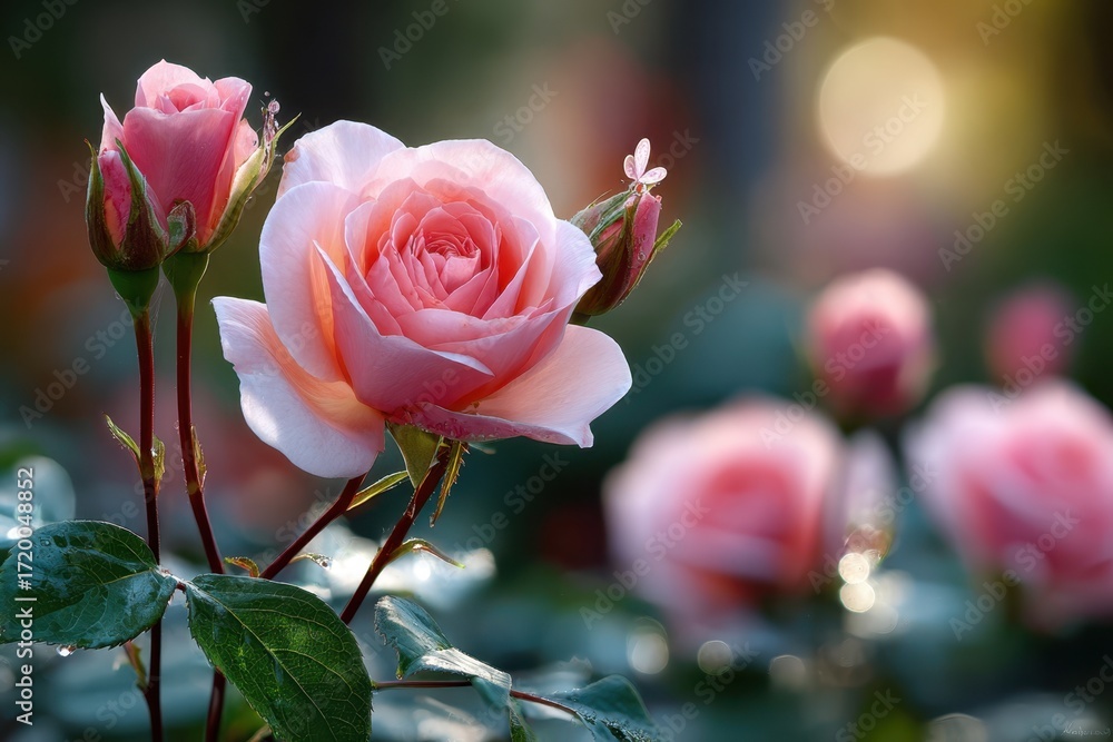 Obraz premium Pink roses blooming in soft sunlight with a small butterfly