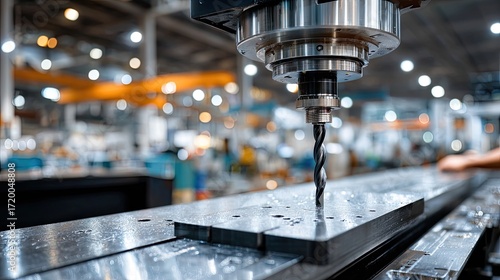 Industrial drill operates swiftly to create holes in metal plates, showcasing precision in a bustling factory filled with machinery
