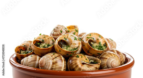 Closeup of a bowl of cooked escargots isolated on transparent background, highlighting their spiral shells, flavorful garlic butter sauce, and fresh parsley garnish, capturing the essence of french ga
