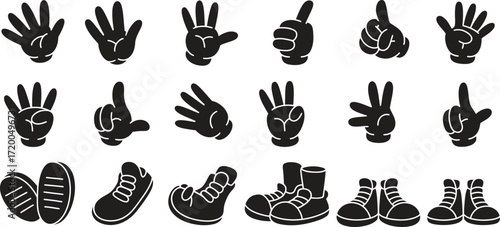 Collection of cartoon hands making gestures and shoes in black and white