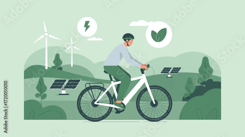 Vector art of man riding an electric bicycle in a landscape with renewable energy sources