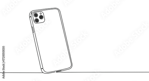 Line drawing of a smartphone leaning on a surface with a white background and copy space