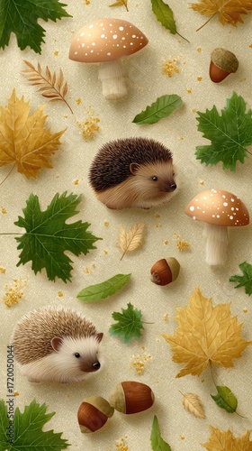 Wallpaper Mural Charming hedgehog strolls among colorful mushrooms and leaves in a cozy forest setting, surrounded by soft pastel tones Torontodigital.ca