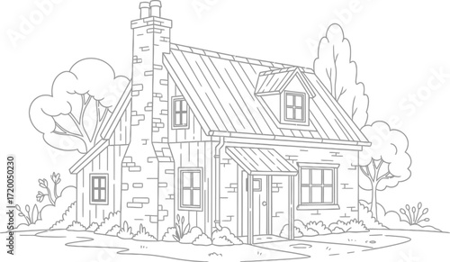 Line Drawing of a Cozy Cottage with Trees on a White Background