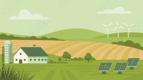 Vector art of farm with solar panels and wind turbines, representing renewable energy