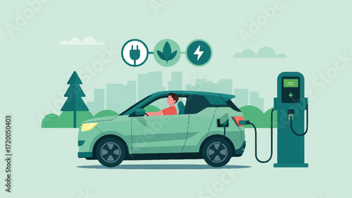Vector art of electric car charging at a charging station with ecofriendly symbols