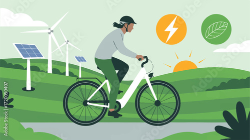 Vector art of person riding an electric bicycle with renewable energy sources in background
