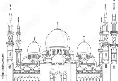 Grand mosque line art, architectural drawing on a white background