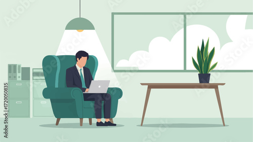 Vector art of man in suit working on laptop while sitting in armchair