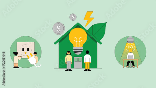 Vector art of energy saving concept with house and people illustration