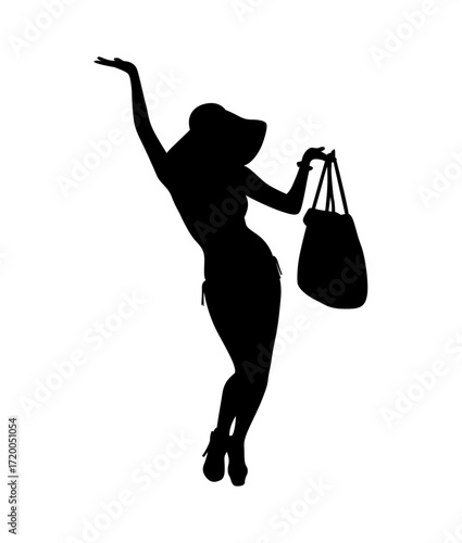 A dynamic silhouette of a woman in a summery swimsuit and hat, holding a handbag, showcasing a playful and confident pose.