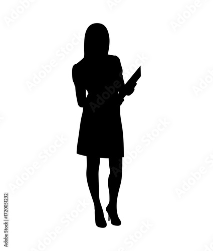 A bold silhouette of a woman in business attire, standing and holding documents.