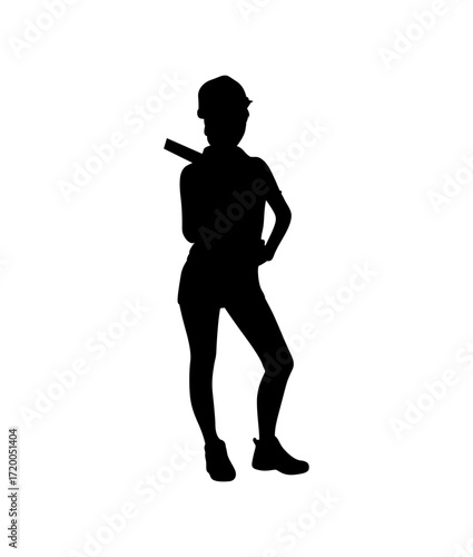 Full-body silhouette of a young woman architect, wearing a hard hat and holding blueprints, poised in a professional stance against a plain white background.