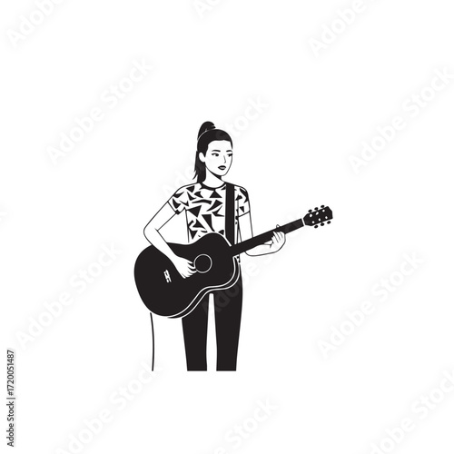 Black and white line art of a cool woman playing guitar in casual outfit minimalist stylish illustration