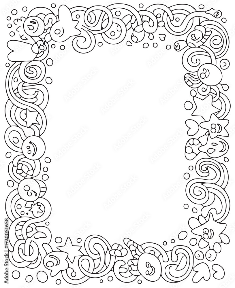 Fototapeta premium Beautiful hand drawn ornamental border frame doodle for coloring page, photo frame, journal, notebook and more designs