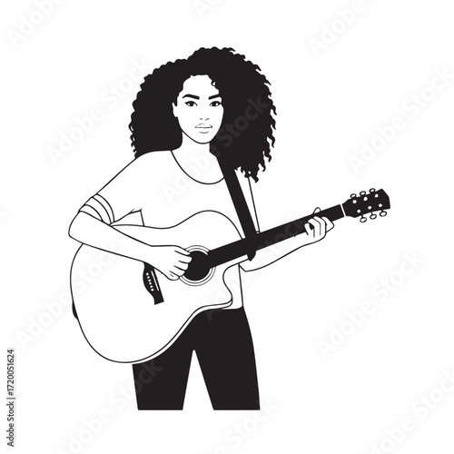 Black and white line art of a cool woman playing guitar in casual outfit minimalist stylish illustration