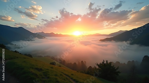 Sunrise over misty mountains with golden sunbeams breaking through clouds
