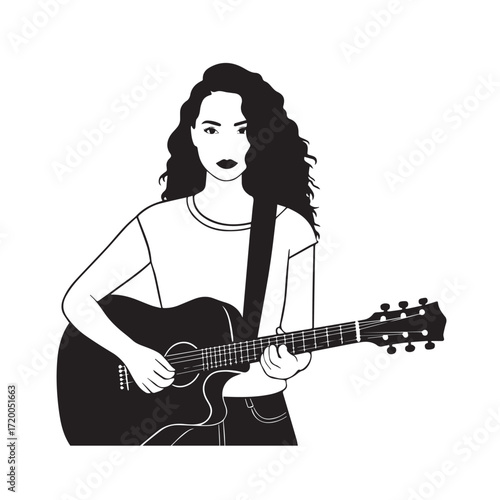 Black and white line art of a cool woman playing guitar in casual outfit minimalist stylish illustration