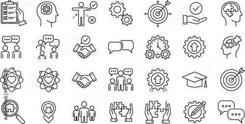 Collection of Line Icons for Business, Teamwork, and Goal Achievement