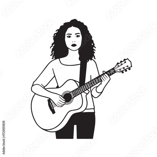 Black and white line art of a cool woman playing guitar in casual outfit minimalist stylish illustration