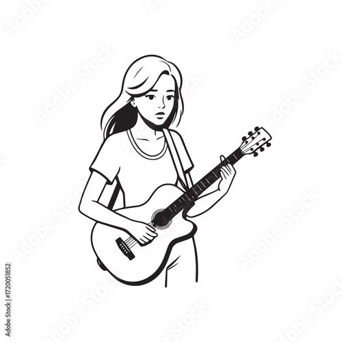 Black and white line art of a cool woman playing guitar in casual outfit minimalist stylish illustration