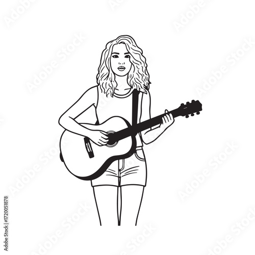 Black and white line art of a cool woman playing guitar in casual outfit minimalist stylish illustration