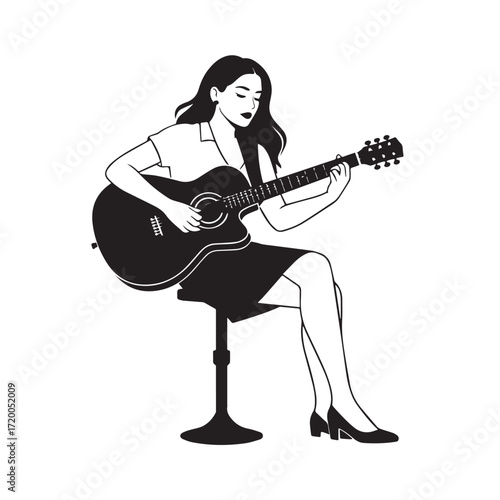 Black and white line art of a cool woman playing guitar in casual outfit minimalist stylish illustration