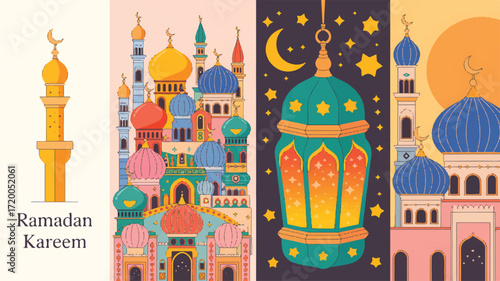 Vector art of ramadan kareem greeting with islamic architecture and mosque illustration