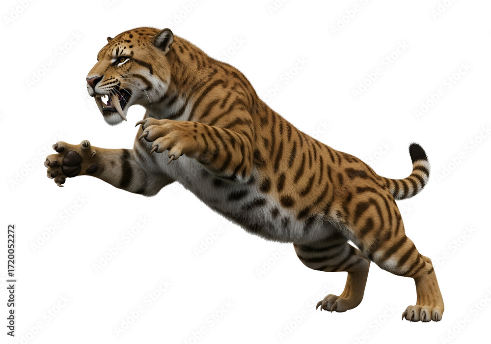 Obraz premium A powerfully posed prehistoric saber-toothed tiger leaps against a stark black background.