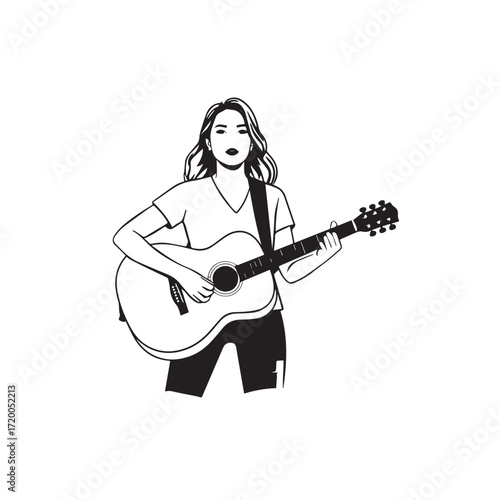 Black and white line art of a cool woman playing guitar in casual outfit minimalist stylish illustration