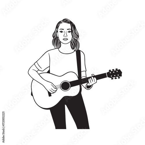 Black and white line art of a cool woman playing guitar in casual outfit minimalist stylish illustration