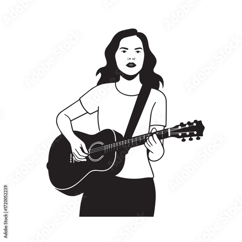 Black and white line art of a cool woman playing guitar in casual outfit minimalist stylish illustration