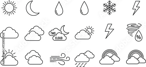 Weather Icons Line Art Illustration for Forecast, Climate and Meteorology Design