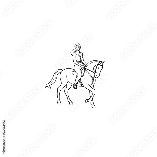 Black and white line art of a beautiful woman with perfect body riding horse elegant minimalist illustration
