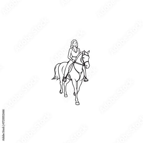 Black and white line art of a beautiful woman with perfect body riding horse elegant minimalist illustration
