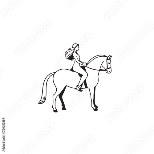 Black and white line art of a beautiful woman with perfect body riding horse elegant minimalist illustration
