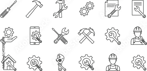 Vector icon collection of tools and service symbols for repair, engineering, and maintenance concepts