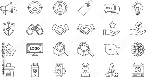 Line art icons symbolizing business communication and recruitment strategies