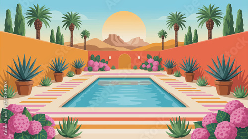 Vector art of desert oasis with swimming pool and palm trees at sunset