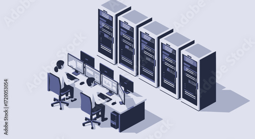 Modern server room data center with workstations and rack servers representing technology