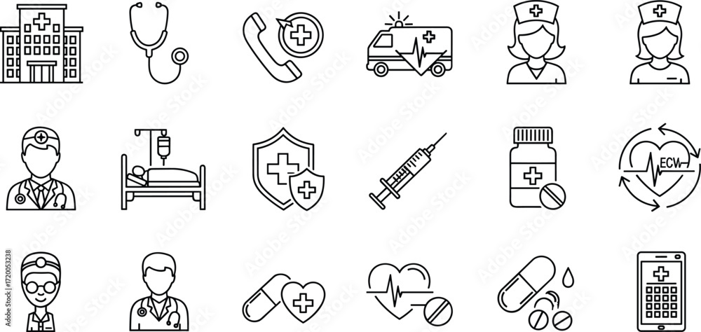 Fototapeta premium Medical Icon Set Line Art of Hospital, Doctor, and Emergency Services