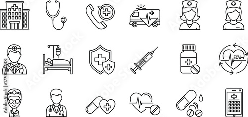 Medical Icon Set Line Art of Hospital, Doctor, and Emergency Services