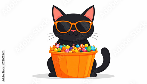 Cute cartoon black cat wearing sunglasses sitting behind a bucket full of colorful candies on a white background