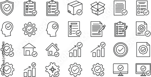Collection of line icons representing approval and completion concepts, including verified quality, successful tasks, and certified compliance