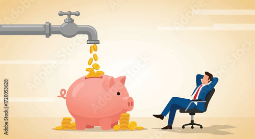 Man relaxes as piggy bank fills with money flowing from faucet