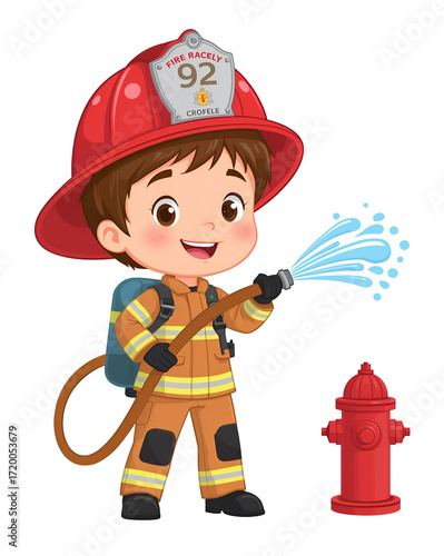 Cheerful Cartoon Firefighter Boy Holding Water Hose with Red Hydrant on transparent background. Black Background isolated on a transparent background